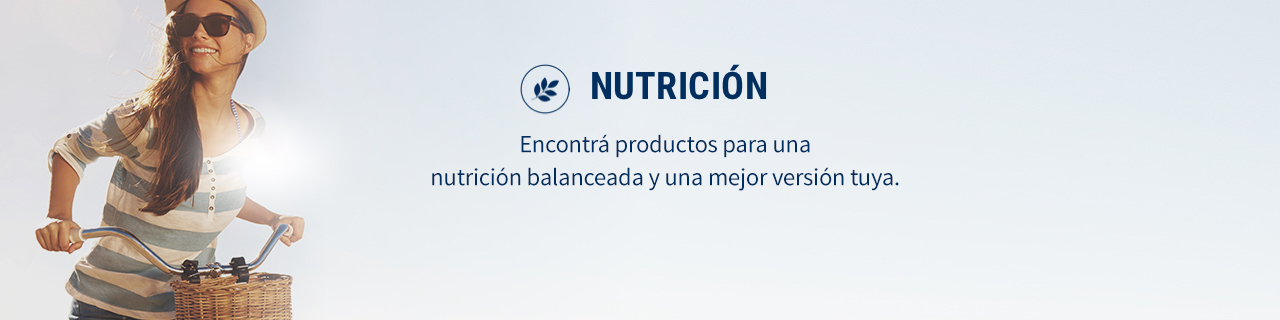 Mujer manejando bicicleta junto al título de nutrición y el icono Nutrilite, línea de suplementos y bebidas energizantes.